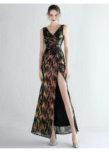 Sparkling Iridescent Champagne Long Evening Gown with High Slit