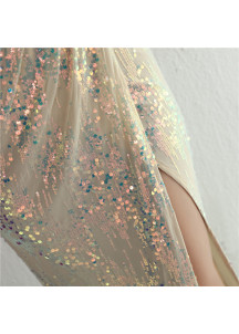 Sparkling Iridescent Champagne Long Evening Gown with High Slit