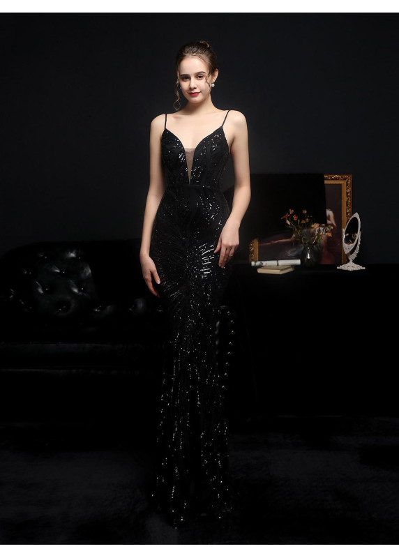 Robe de soirée sirène pas cher étincelante de sequins dorés