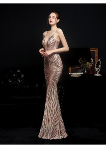 Robe de soirée sirène pas cher étincelante de sequins dorés