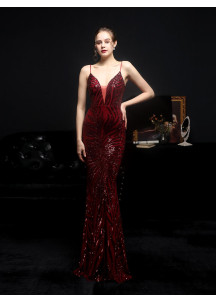 Robe de soirée sirène pas cher étincelante de sequins dorés