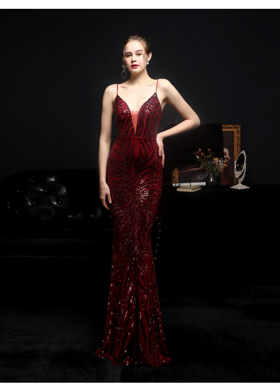 Robe de soirée sirène pas cher étincelante de sequins dorés