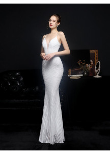 Robe de soirée sirène pas cher étincelante de sequins dorés