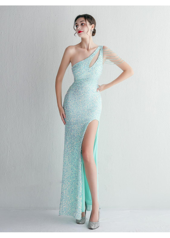 Glamorous Shimmering Red Fitted Evening Gown with Asymmetric Neckline