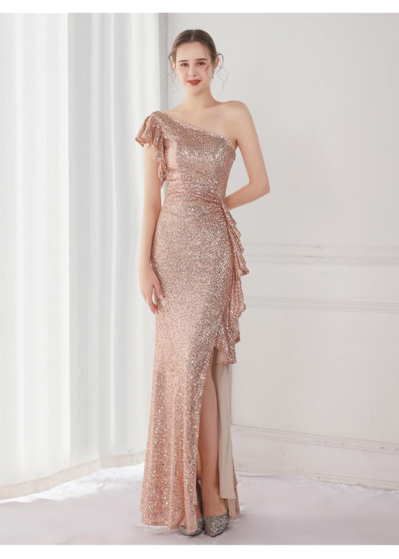 Affordable Shimmering Golden Sequin One-Shoulder Evening Gown