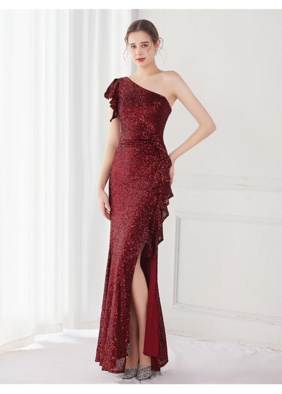 Affordable Shimmering Golden Sequin One-Shoulder Evening Gown