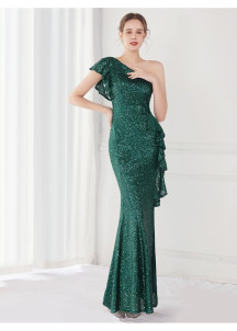 Affordable Shimmering Golden Sequin One-Shoulder Evening Gown