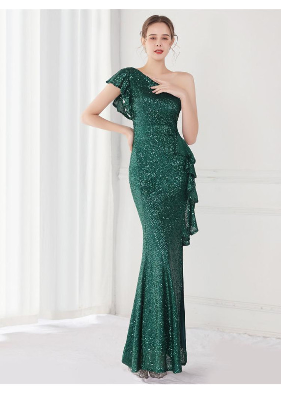 Affordable Shimmering Golden Sequin One-Shoulder Evening Gown