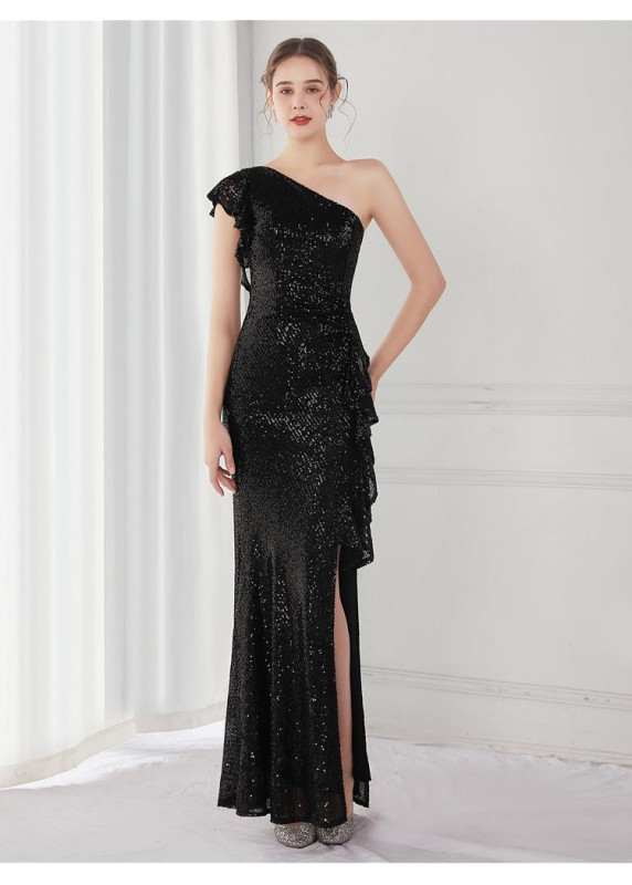 Robe de soirée asymétrique pas cher scintillante en sequins dorés