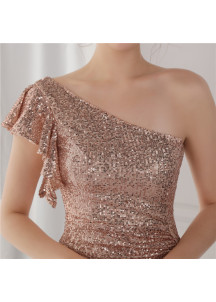Robe de soirée asymétrique pas cher scintillante en sequins dorés