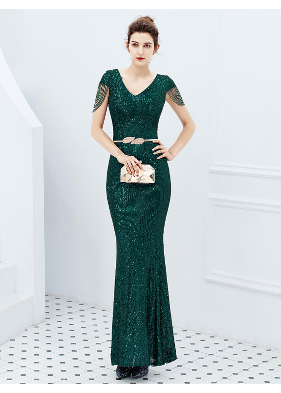 Vestido de noche resplandeciente en burdeos con mangas colgantes