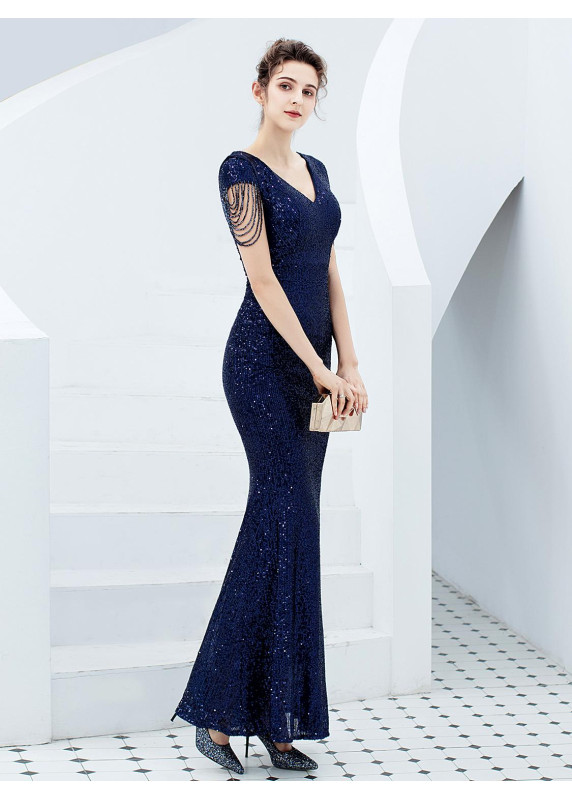 robe de soirée scintillante en bordeaux avec manches pendantes