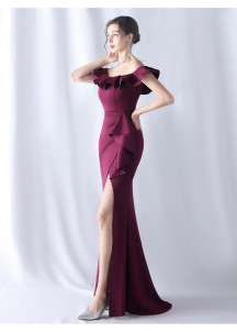 Draped Burgundy Evening Dress with Sophisticated Ruffles