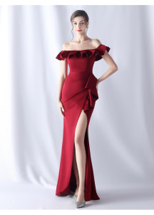 Draped Burgundy Evening Dress with Sophisticated Ruffles