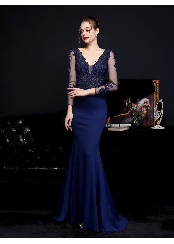 Robe de soirée émeraude à la coupe sirène avec manches longues en tulle