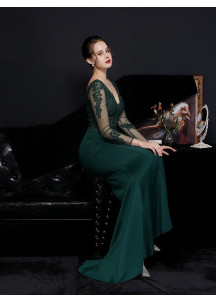 Emerald Green Mermaid-Style Evening Dress with Tulle Long Sleeves