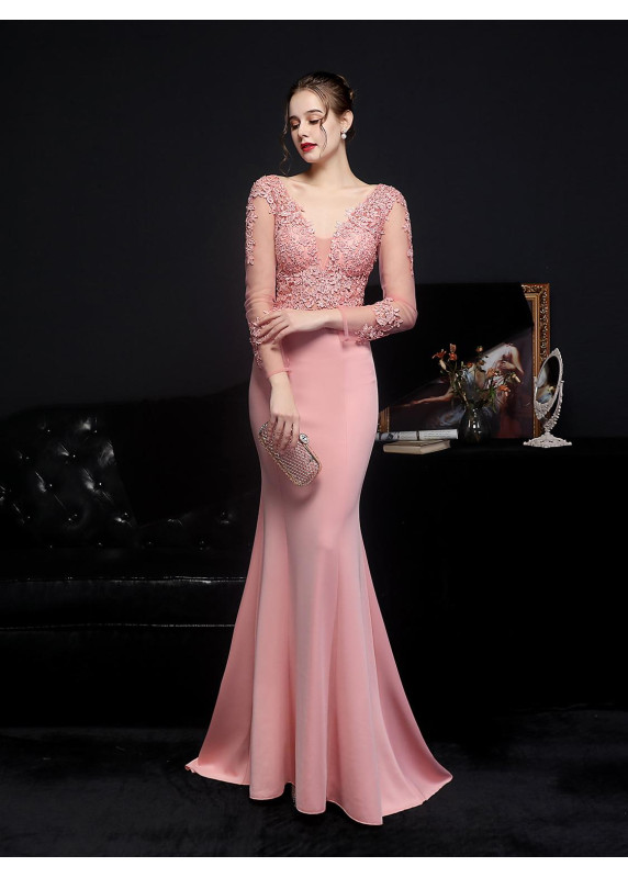 Emerald Green Mermaid-Style Evening Dress with Tulle Long Sleeves