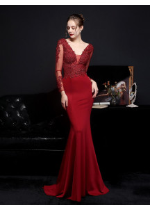 Emerald Green Mermaid-Style Evening Dress with Tulle Long Sleeves