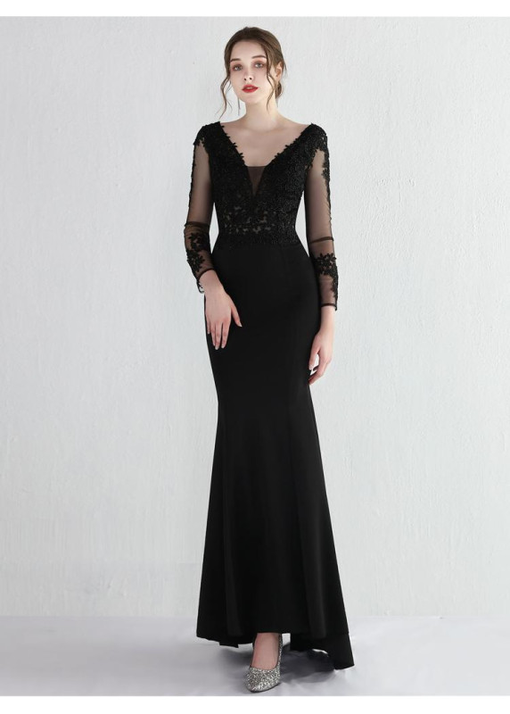 Robe de soirée émeraude à la coupe sirène avec manches longues en tulle