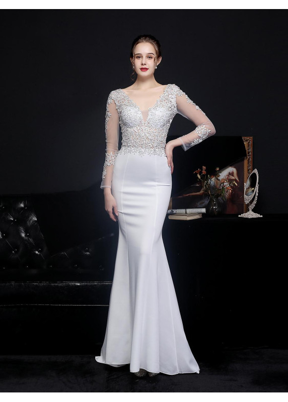 Robe de soirée émeraude à la coupe sirène avec manches longues en tulle