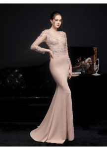 Emerald Green Mermaid-Style Evening Dress with Tulle Long Sleeves