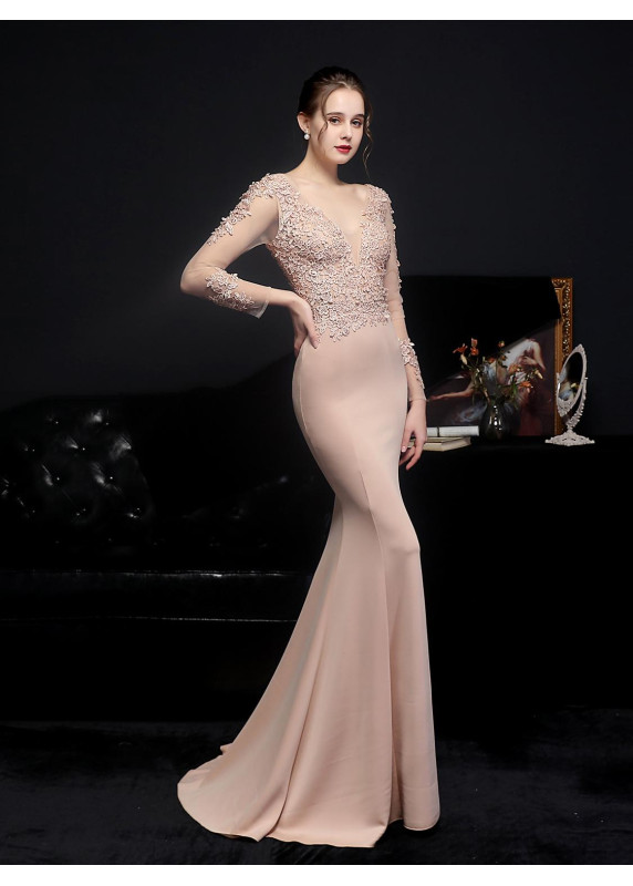 Robe de soirée émeraude à la coupe sirène avec manches longues en tulle