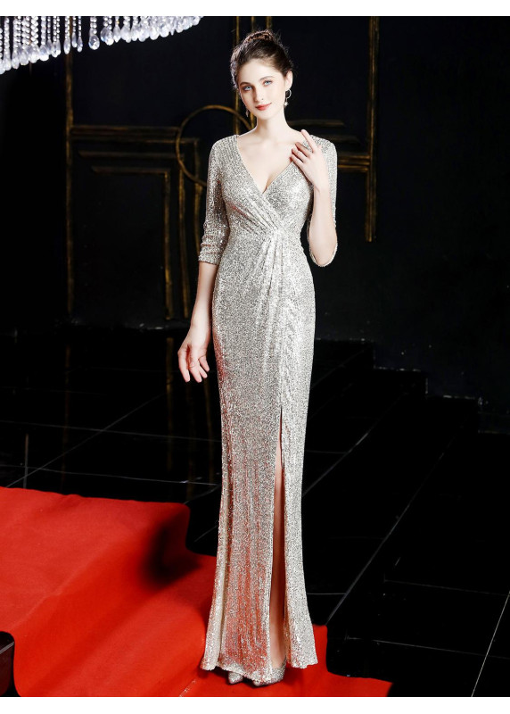 Shimmering Navy Blue Evening Dress with V-Neck and Sleeves