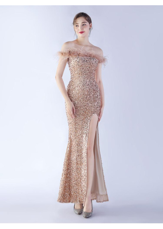 Sparkling Burgundy Red Evening Dress with Feathered Shoulders