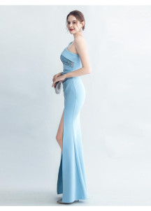 Elegant Sky Blue Satin Evening Gown with Asymmetric Shoulder Cut