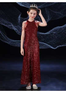 Vestido de Dama de Honor Rojo Burdeos para Niña